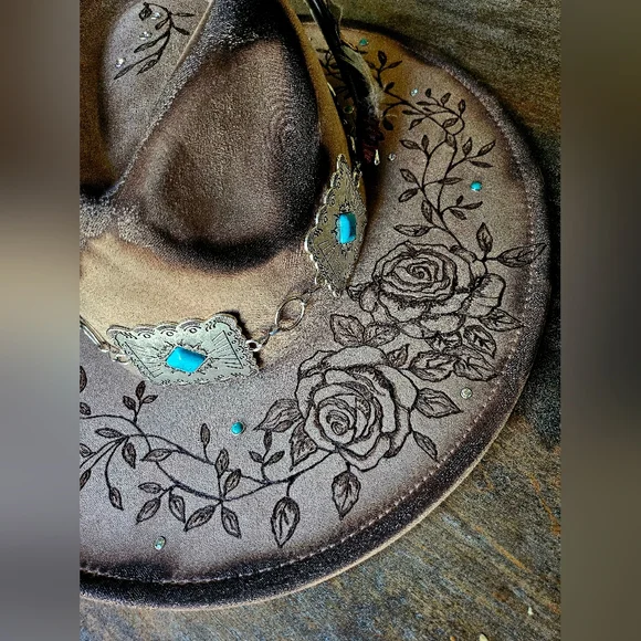 NWT Mocha Hand burned and leather fedora cowboy hat - www 